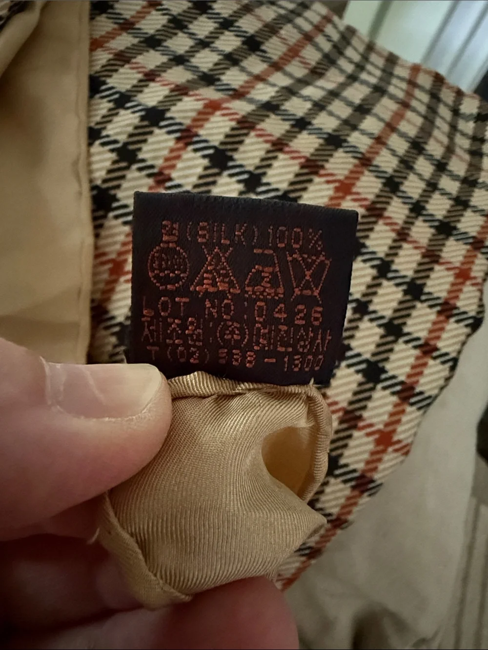Darks London Classic Plaid 100% SILK SCARF with Beige Border. About 34”x34”.